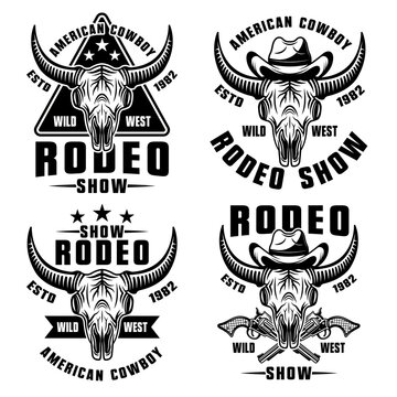 Rodeo show set of four vector wild west style vector illustration in vintage monochrome style isolated on white background