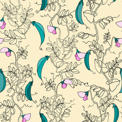 Seamless repeating pattern. Pea plant with pods and flowers. Colorful vector illustration, line art on light-colored backgroud for surface design and other design projects