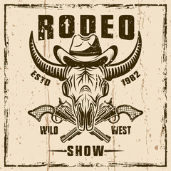 Buffalo skull in cowboy hat and crossed guns colored vector emblem or t-shirt print for rodeo show. Illustration on background with grunge textures and frame vector illustration
