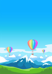 Obraz premium Aerostats flies over mountain peaks and flowering valleys. Hot air balloon in rainbow colors. Bright entertainment and travel. Balloon festival. Vector vertical illustration.