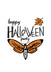 Vintage poster with Halloween lettering, deaths head moth. Good for invitation greeting card in minimalist style with traditional Halloween symbols.