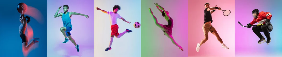 Fotobehang Collage of different professional sportsmen, fit people in action and motion isolated on color background. Flyer. © master1305