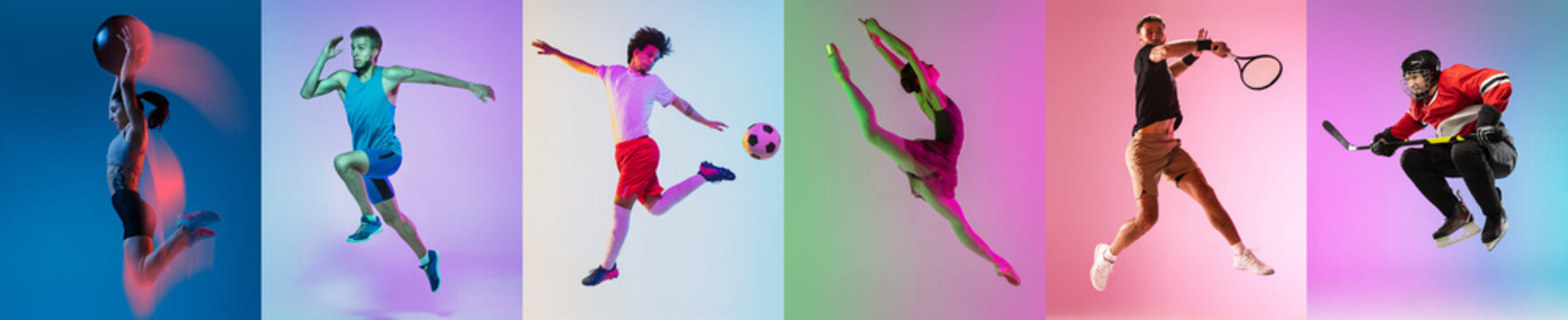 Collage of different professional sportsmen, fit people in action and motion isolated on color background. Flyer.