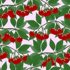Cherry branch with leaves and ripe bright berries, vector illustration. Seamless Pattern