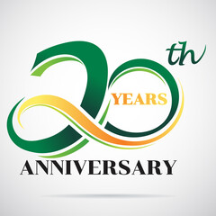 20 years anniversary celebration logo design with decorative ribbon or banner. Happy birthday design of 20th years anniversary celebration.
