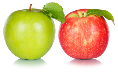 Apples fruits red green apple fruit with leaves isolated on a white background