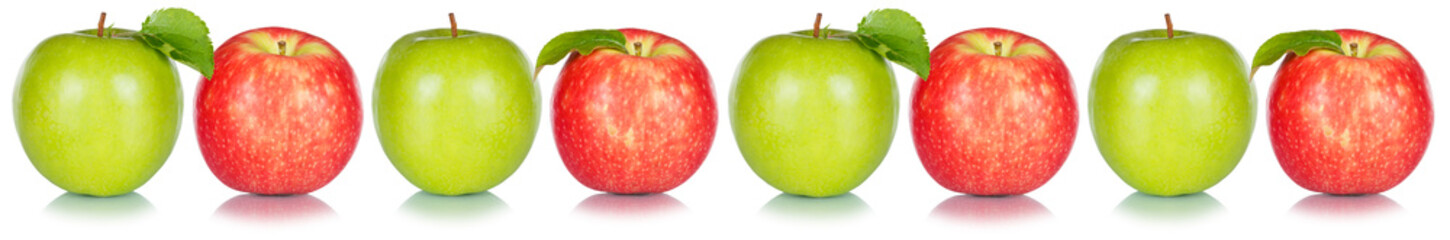 Apples fruits red green apple fruit collection with leaves in a row isolated on a white background