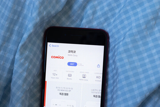 New York, USA - 1 June 2021: comico mobile app logo on phone screen, close-up icon, Illustrative Editorial.