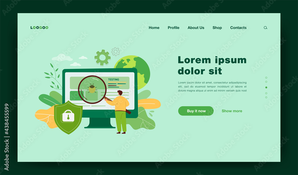 Poster cartoon metaphor of software assurance application or service. flat vector illustration. tiny man wi