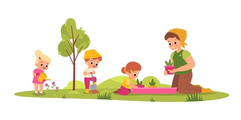 Children botany lesson. Young students with teacher learn take care plants, little gardeners, woman with girls and boy water flowers. Summer landscape, vector cartoon isolated concept