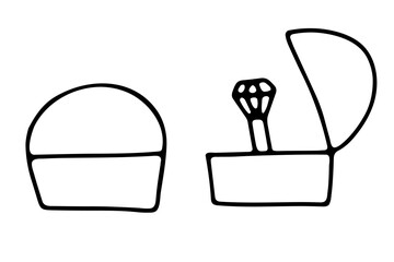 Doodle ring with diamond in a box. A hand-drawn piece of jewelry with brilliant gemstone. A bridal ring is a symbol of engagement, wedding, marriage, love, Valentines Day, present. Vector illustration