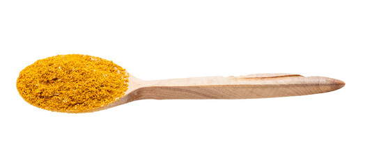 ground dried tagetes in wooden spoon isolated