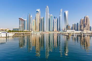 Fototapeta na wymiar Dubai Marina and Harbour skyline architecture travel in United Arab Emirates water reflection