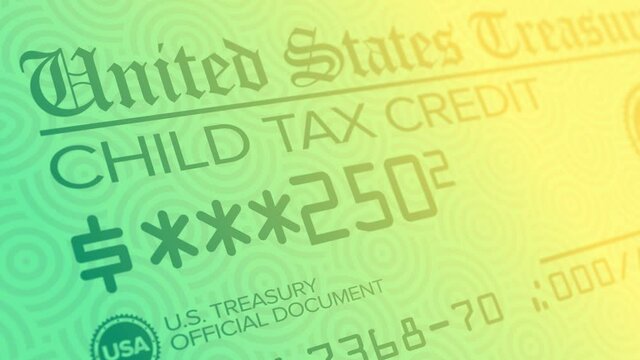 A stylized background animation of a fictional United States child tax credit check. Monthly stimulus checks of $250 were given to American families with children between 6 and 17 years old.  	