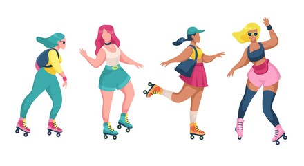 Roller skating girls. Young women roller skates, rollerblading teenager active trendy leisure time outdoors, female characters in colorful clothes, extreme sport in park vector isolated set