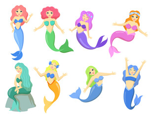 Obraz na płótnie Canvas Cute mermaid illustrations in cartoon style. Set of beautiful mythological female creatures. Underwater beings smiling, dancing and cheering. Fairytale concept for advertisement of banners design