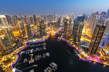 Dubai Marina skyline architecture buildings travel overview at night twilight from above in United...