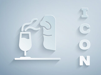 Paper cut Sommelier icon isolated on grey background. Wine tasting, degustation. Smells of wine. Paper art style. Vector