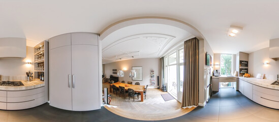 360 panorama of open plan dining room with wooden table near glass wall and kitchen with white...