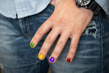 Demonstration of a beautiful nail design. A man with painted nails. Design of male nails. men...