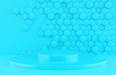 Minimal scene of Polygonal podium, geometry stage blue background, display for presentation product or cosmetic, 3D Render illustration