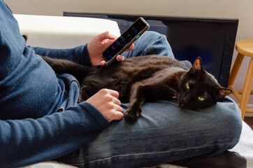 a man sitting on a couch using smartphone with a black cat on his lap