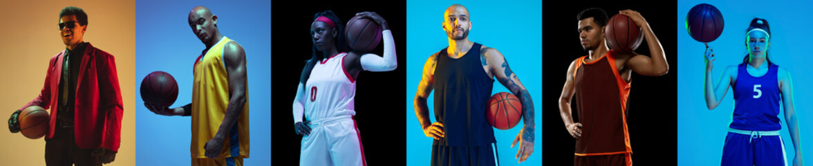 Collage of male and female basketball players, fit people isolated on blue background in neon light.