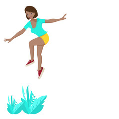  Young black  girl smiling , wearing light blue shirt,short yellow sleeve and red sneakers is jumping on leaves. A woman jumps with happiness in copy space. Vector isolate flat design for Freedom