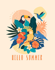 Hello summer banner template. Vector illustration in trendy flat style of exotic tropical leafs and birds. Isolated on background