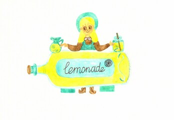 watercolor illustration of a girl selling lemonade on the counter in the form of a bottle with the inscription Lemonade