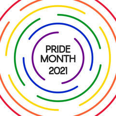Pride Month 2021. Symbol LGBT, sexual minorities. Square poster banner card with rainbow-colored lines on white background. Vector illustration.