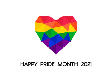 Pride Month 2021. Symbol LGBT, sexual minorities. Poster banner card with polygonal rainbow-colored heart on white background. Vector illustration