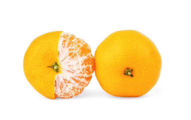 Tangerines or clementines with green leaf on white background