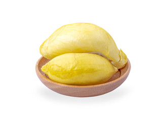Durian on wooden plate isolated on white background.