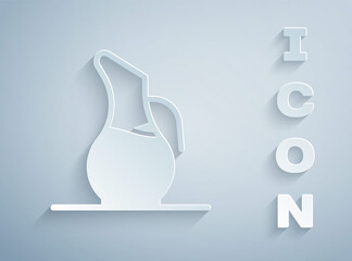 Paper cut Decanter for wine icon isolated on grey background. Paper art style. Vector