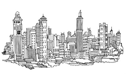 Hand drawn City Sketch for your design,Drawn in black ink on white background