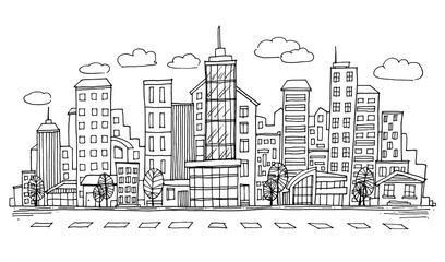 Hand drawn City Sketch for your design,Drawn in black ink on white background