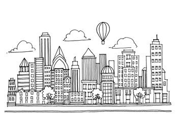 Hand drawn City Sketch for your design,Drawn in black ink on white background