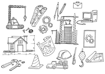 Under Construction Design Element,Hand-drawn cartoon industry icon set. Doodle drawing. 