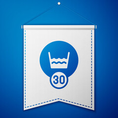 Blue Washing under 30 degrees celsius icon isolated on blue background. Temperature wash. White pennant template. Vector