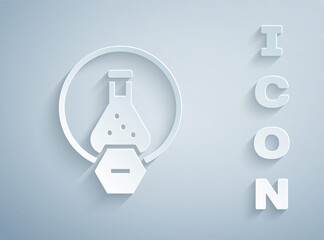 Paper cut Test tube and flask chemical laboratory test icon isolated on grey background. Laboratory glassware sign. Paper art style. Vector