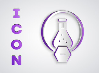 Paper cut Test tube and flask chemical laboratory test icon isolated on grey background. Laboratory glassware sign. Paper art style. Vector