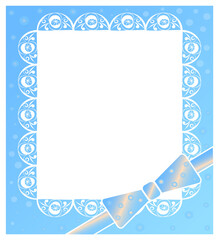 Rectangular greeting card, frame blue color with white lace and a bow. For girls and boys, newborns. Vector in a flat style.