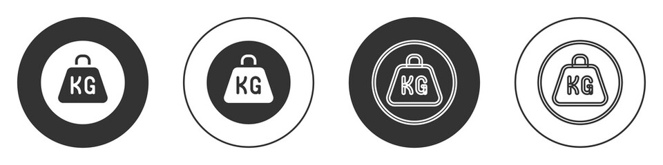 Black Weight icon isolated on white background. Kilogram weight block for weight lifting and scale. Mass symbol. Circle button. Vector