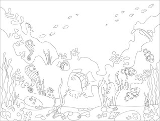 Coloring book for children. Marine animals and plants, colored cartoon with marine life. The task for children can be used in a book, magazine