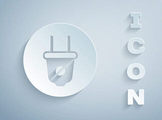 Paper cut Electric plug icon isolated on grey background. Concept of connection and disconnection of the electricity. Paper art style. Vector