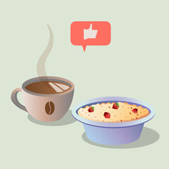 vector illustration of healthy food with porridge and coffee