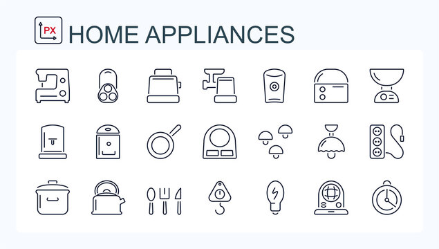 A set of vector icons from a thin line of household appliances and cutlery. 