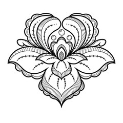 Decorative decorated peony flower, rose, black and white on white background. Design element
