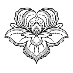 Decorative decorated peony flower, rose, black and white on white background. Design element